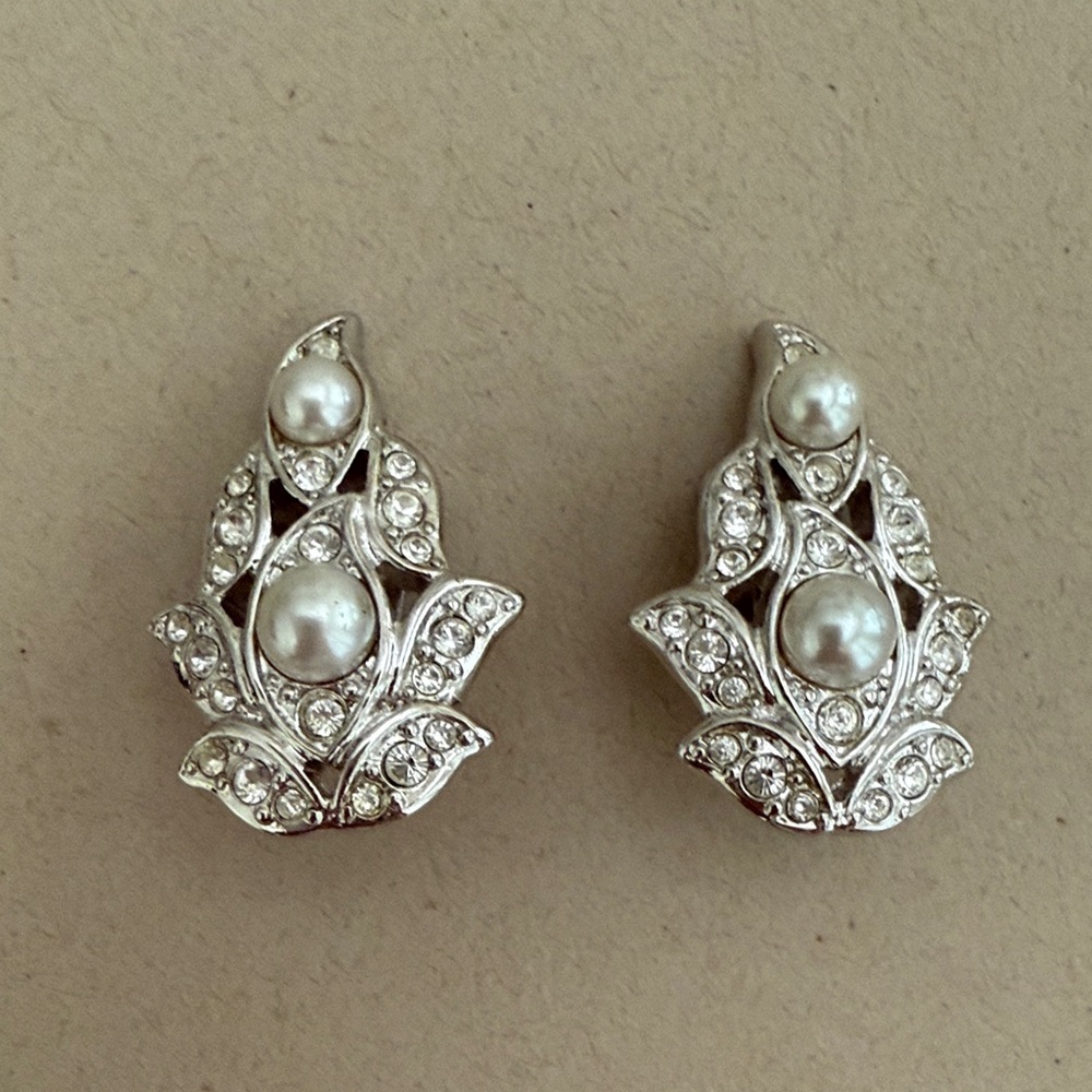 Swarovski Signed Rhodium Plated Clip-On Empire Earrings with Crystals & Pearl